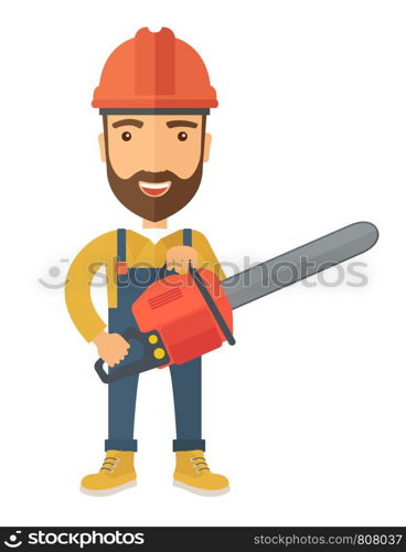 A lumberjack holding a chainsaw with hardhat. A Contemporary style. Vector flat design illustration isolated white background. Vertical layout. Lumberjack with chainsaw