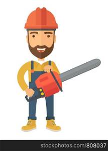 A lumberjack holding a chainsaw with hardhat. A Contemporary style. Vector flat design illustration isolated white background. Vertical layout. Lumberjack with chainsaw