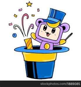a magic cute creature appeared surprisingly from the hat. cartoon illustration sticker emoticon