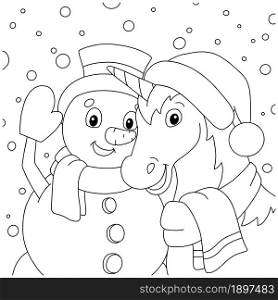A magical unicorn and a snowman celebrate the new year together. Coloring book page for kids. Cartoon style character. Vector illustration isolated on white background.