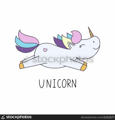 A magical unicorn for a girl. The inscription unicorn by hand. Vector illustration in the doodle style. Drawing for children’s clothing.