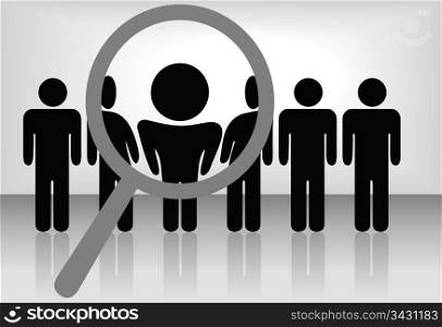 A magnifying glass finds, selects or inspects a person in a line of people: search & choose for employment, recognition, promotion, hire, etc.