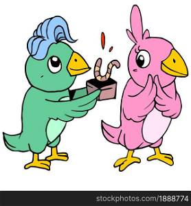 a male bird is proposing a female bird. cartoon illustration sticker mascot emoticon