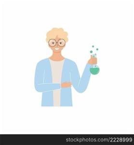 A male chemist holds a test tube with ingredients. The lab assistant sets up an experiment. Flat vector character. Teacher of chemistry and biology.