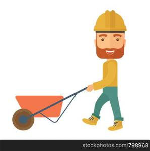 A male gardener wearing hard hat pushing a wheelbarrow. A Contemporary style. Vector flat design illustration isolated white background. Square layout. Gardener pushing a wheelbarrow.