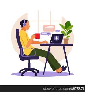 A male in headphones and listens to a podcast about education on his laptop. Podcast vector illustration.