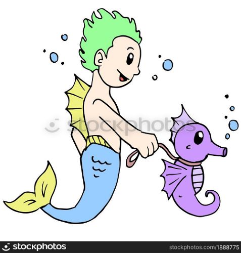 a male mermaid walking his pet seahorse for a walk. cartoon illustration sticker mascot emoticon
