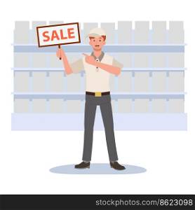 A male shop keeper holding a promotional sale advertisement placard at grocery store or supermarket. Vector illustration