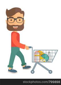 A male shopper pushing a shopping cart inside the supermarket. A contemporary style. Vector flat design illustration with isolated white background. Vertical layout. . Male Shopper Pushing a Shopping Cart.