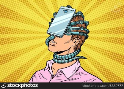 A man absorbed in virtual reality smartphone. Pop art retro vector illustration. man absorbed in virtual reality smartphone
