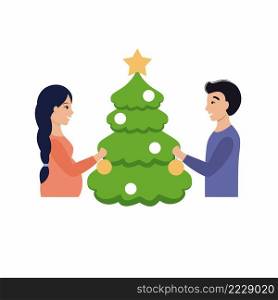 A man and a pregnant woman decorate a Christmas tree. Husband and wife celebrate the new year. Vector illustration in flat style.