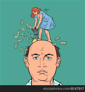 a man and a woman are getting divorced, the divorce process is a concept, a woman with a jackhammer on her head. Pop Art Retro Vector Illustration 50s 60s Vintage kitsch style. a man and a woman are getting divorced, the divorce process is a concept, a woman with a jackhammer on her head