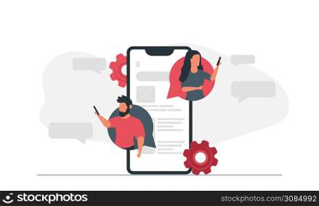 A man and a woman communicate by messages on the phone. Dialogue people chatting vector illustration