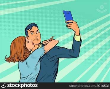 a man and a woman couple take a selfie, a couple in love. Pop art retro vector illustration 50s 60 vintage kitsch style. a man and a woman couple take a selfie, a couple in love