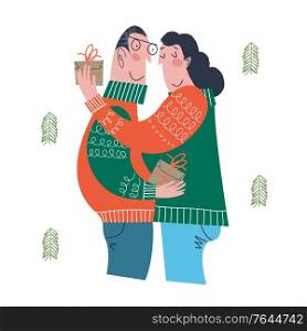 A man and a woman give gifts to each other. Christmas and new year gifts. Vector illustration in cartoon style on a white background.. A man and a woman give gifts to each other. Vector illustration.