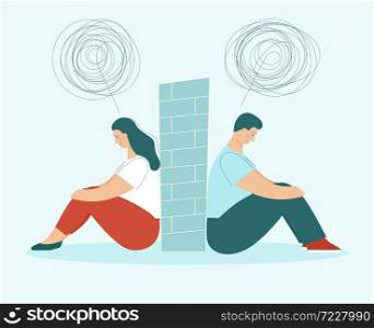 A man and a woman in a quarrel.The couple sit back to back.Problems in relationships, conflicts.Husband and wife at odds.Wall between them.Flat vector illustration