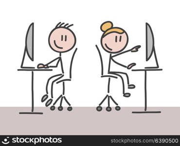 A man and a woman working in an office