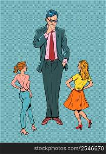 a man and two women are a choice, love and a relationship. Family psychology. Pop art retro vector illustration comic caricature 50s 60s style vintage kitsch. a man and two women are a choice, love and a relationship. Family psychology
