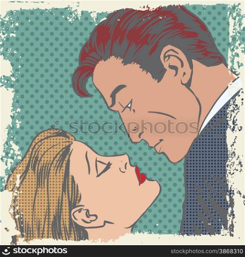 A man and woman about to kiss pop art comics retro style Halftone. Imitation of old illustrations. Delave effect old paper. man and woman about to kiss pop art comics retro style Halftone
