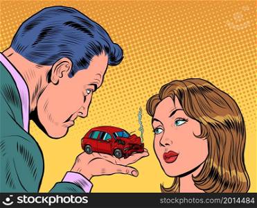 A man blames a woman for a car accident. Insurance agent. A red car crashed in an accident. Passenger transport. Danger on the road. Pop art Retro vector illustration 50e 60 style. A man blames a woman for a car accident. Insurance agent. A red car crashed in an accident. Passenger transport. Danger on the road