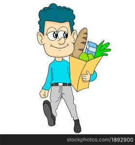 a man brings vegetables from the market. cartoon illustration cute sticker