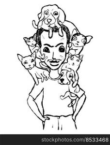 A man carries dogs and cats on his shoulder and head, vector illustration.