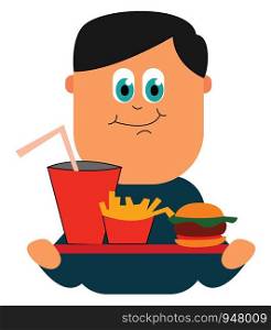 A man carrying a food tray full of burger, french fries and a drink , vector, color drawing or illustration.