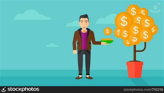 A man catching dollar coin from money tree on the background of blue sky vector flat design illustration. Horizontal layout.. Man catching dollar coins.