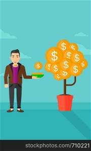A man catching dollar coin from money tree on the background of blue sky vector flat design illustration. Vertical layout.. Man catching dollar coins.