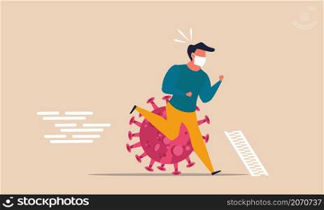 A man competition with the corona virus who will reach the finish line faster. People fight disease vector concept illustration. The goal and win of people against health problems. Business crisis