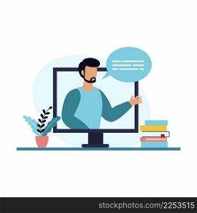 A man conducts online training through a computer. Concept of the webinar. Vector illustration in flat style. Digital classroom.