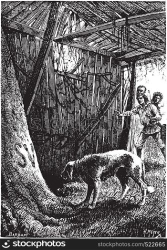 A man died in this hut, vintage engraved illustration.