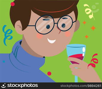 A man drinks alcohol from a glass at a party. The guy is surrounded by serpentine and tinsel. Celebrating with friends. Vector flat illustration. A man drinks alcohol from a glass at a party. The guy is surrounded by serpentine and tinsel. Celebrating with friends.