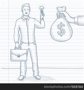 A man exchanging his idea bulb to money bag. Hand drawn vector sketch illustration. Notebook paper in line background.. Successful business idea.