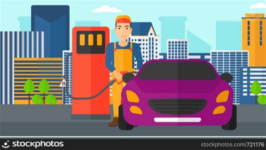 A man filling up fuel into the car on a city background vector flat design illustration. Horizontal layout.. Man filling up fuel into car.
