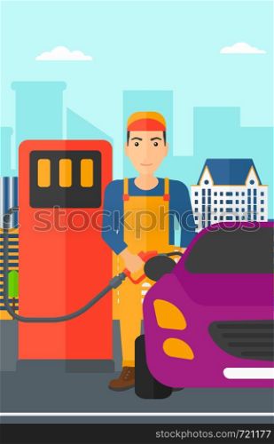 A man filling up fuel into the car on a city background vector flat design illustration. Vertical layout.. Man filling up fuel into car.