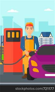 A man filling up fuel into the car on a city background vector flat design illustration. Vertical layout.. Man filling up fuel into car.
