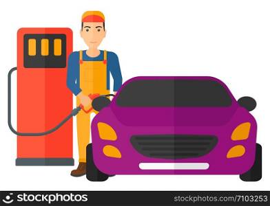 A man filling up fuel into the car vector flat design illustration isolated on white background. Horizontal layout.. Man filling up fuel into car.