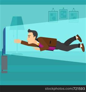 A man flying in front of TV screen in living room vector flat design illustration. Square layout.. Man suffering from TV addiction.