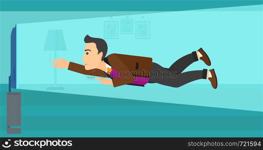 A man flying in front of TV screen in living room vector flat design illustration. Horizontal layout.. Man suffering from TV addiction.