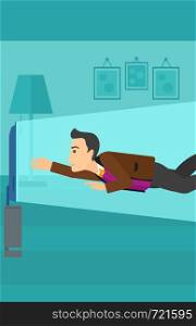A man flying in front of TV screen in living room vector flat design illustration. Vertical layout.. Man suffering from TV addiction.