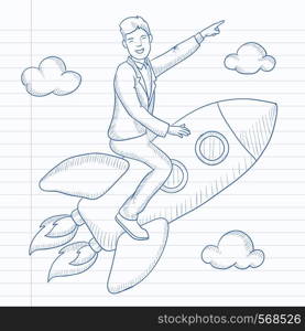 A man flying on the rocket and pointing his forefinger up. Hand drawn vector sketch illustration. Notebook paper in line background.. Business start up.