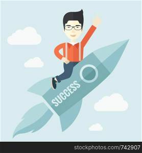 A man flying on the rocket raising his hand in the air as his start up. Success concept. A Contemporary style with pastel palette, soft blue tinted background with desaturated clouds. Vector flat design illustration. Square layout. . Man in start-up ,business