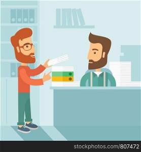A man giving a paper work to do to other man, stressful man in office with stack of paper on his desk. Business concept in overload work and very busy. A contemporary style with pastel palette soft blue tinted background. Vector flat design illustration. Square layout. . Busy man