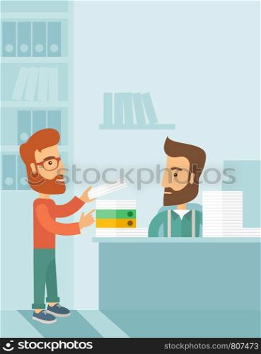A man giving a paper work to do to other man, stressful man in office with stack of paper on his desk. Business concept in overload work and very busy. A contemporary style with pastel palette soft blue tinted background. Vector flat design illustration. Vertical layout with text space in right upper part. . Busy man
