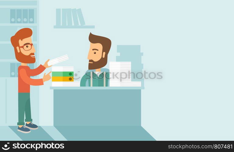 A man giving a paper work to do to other man, stressful man in office with stack of paper on his desk. Business concept in overload work and very busy. A contemporary style with pastel palette soft blue tinted background. Vector flat design illustration. Horizontal layout with txt space in right side. . Busy man