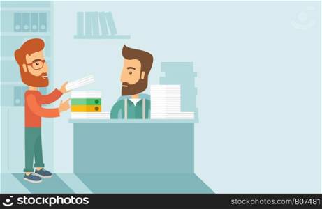 A man giving a paper work to do to other man, stressful man in office with stack of paper on his desk. Business concept in overload work and very busy. A contemporary style with pastel palette soft blue tinted background. Vector flat design illustration. Horizontal layout with txt space in right side. . Busy man