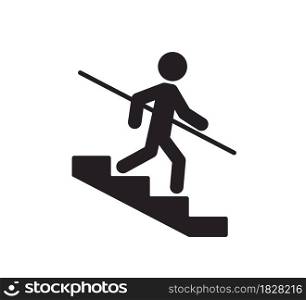 A man goes down the stairs and holds on to the handrail. Caution stairway Use Handrails symbol. Icon warning of danger. Vector illustration isolated on white background.. A man goes down the stairs and holds on to the handrail. Caution stairway Use Handrails symbol. Icon warning of danger. Vector illustration isolated on white background