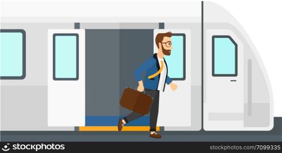 A man going out of the train vector flat design illustration isolated on white background.. Man going out of train.