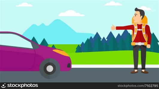 A man hitchhiking trying to stop a car on the background of mountains and trees vector flat design illustration. Horizontal layout.. Young man hitchhiking.